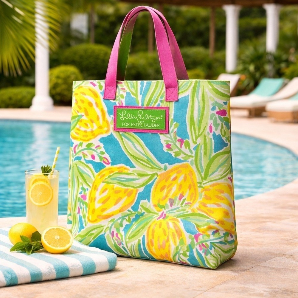 Lilly Pulitzer Lemon Print Canvas Tote Bag Preppy Poolside Resort Beach Vacation